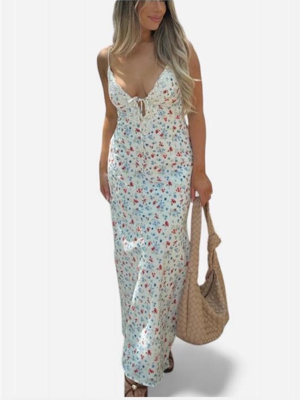 NWT Lace Trim Maxi Empire Waist Floral Front Tie Seersucker Cottagecore XS